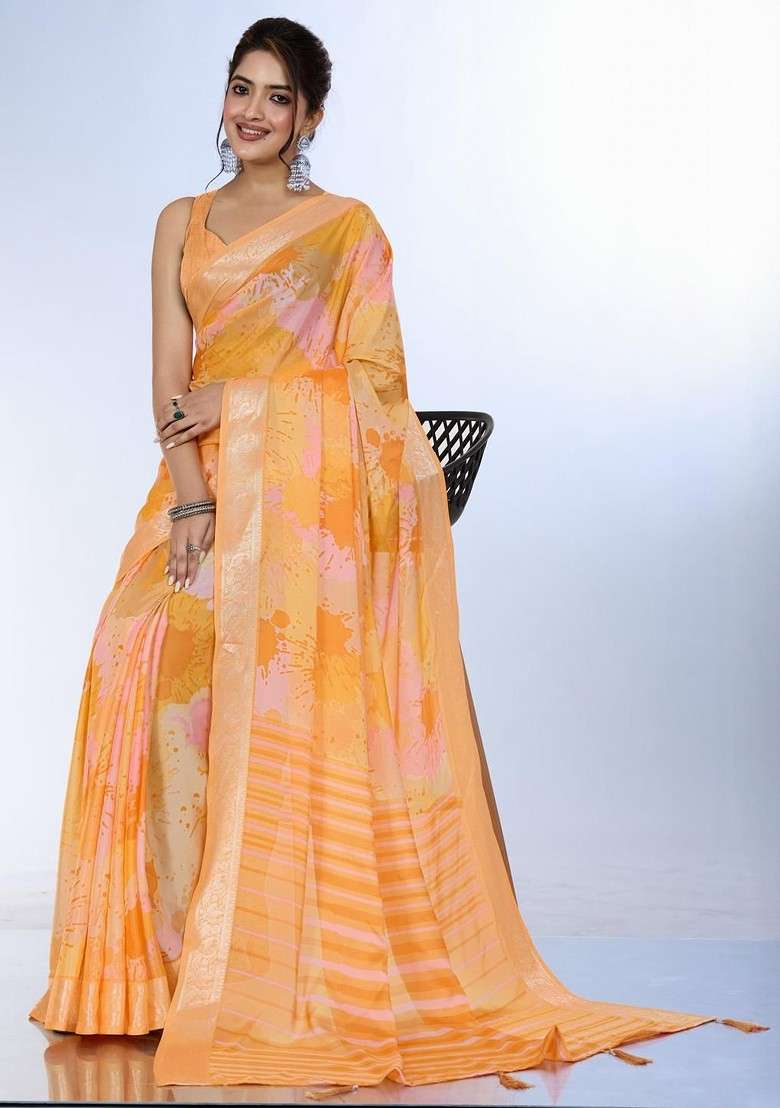 Orange Printed Blended Saree Set for Diwali and Festive Wear - Indya