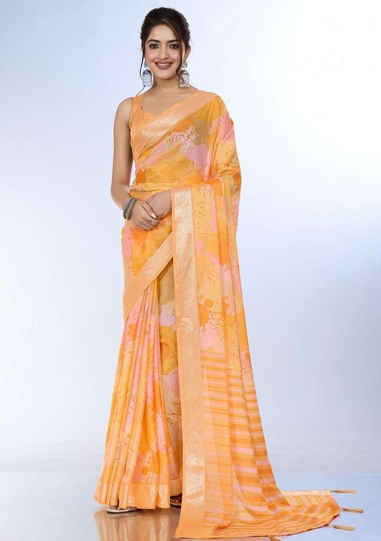 Orange Printed Blended Saree Set for Diwali and Festive Wear - Indya