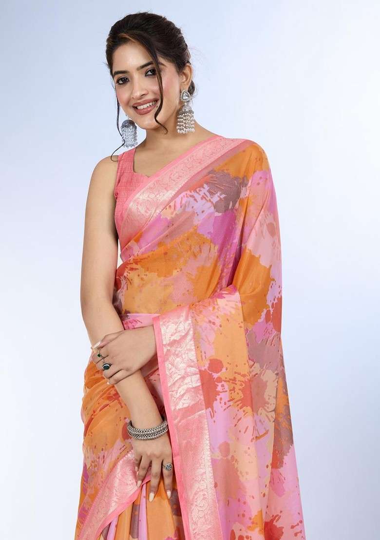 Peach Blended Saree Set with Printed for Diwali | Wedding & Festive Wear - Indya