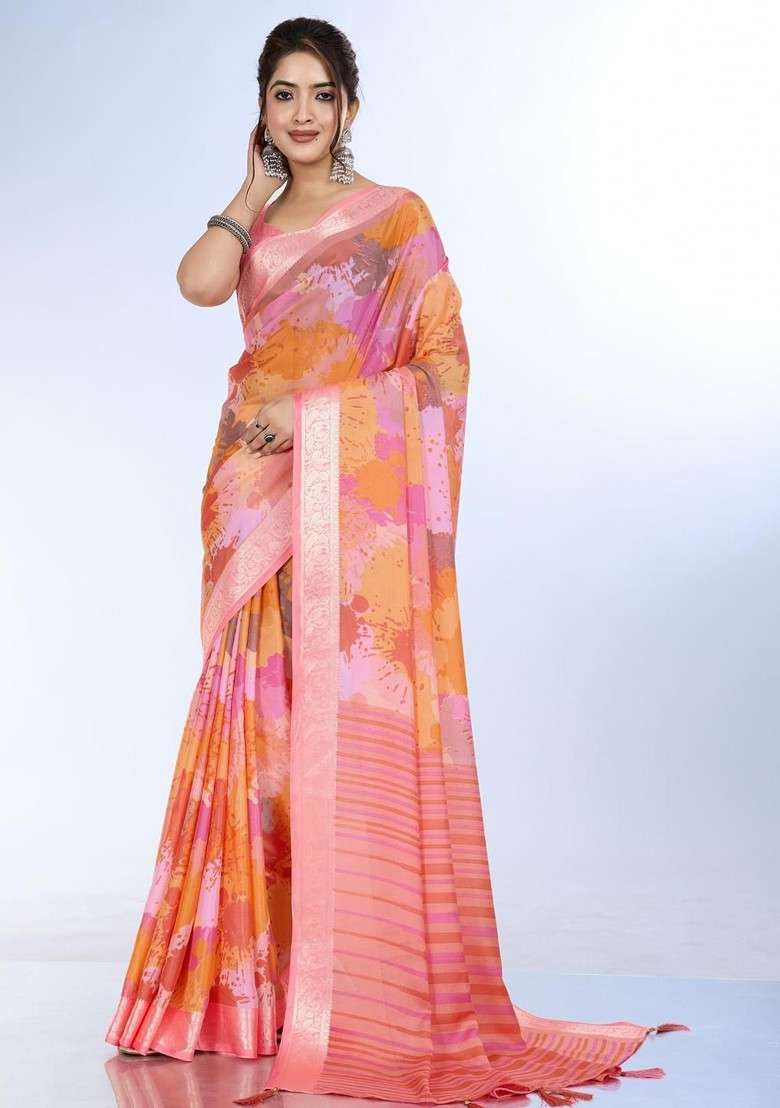 Peach Blended Saree Set with Printed for Diwali | Wedding & Festive Wear - Indya