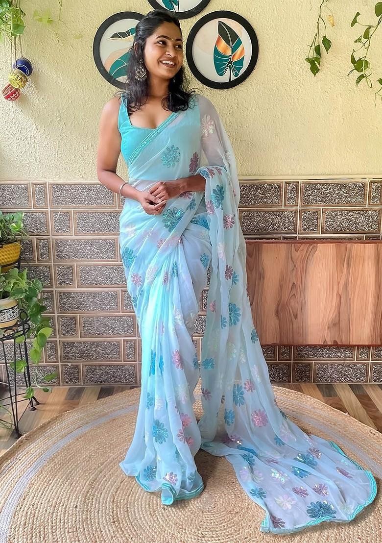 Blue Embellished Blended Saree Set