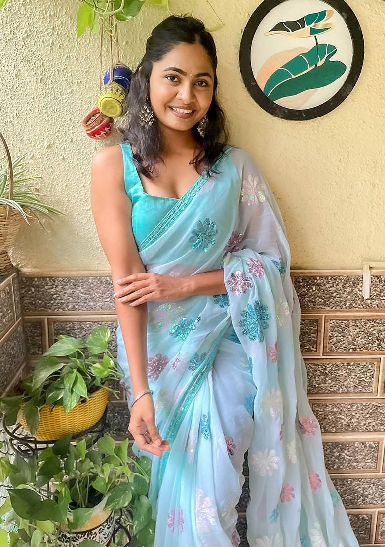 Blue Embellished Blended Saree Set