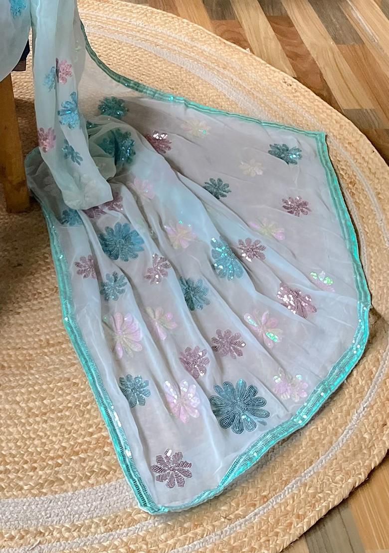 Blue Embellished Blended Saree Set