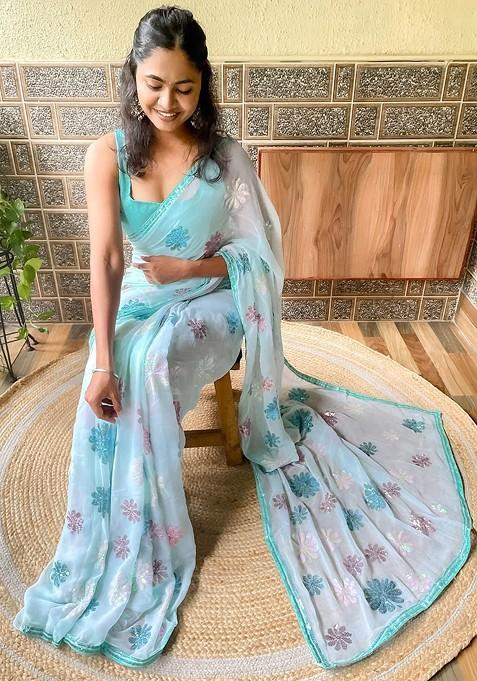 Blue Embellished Blended Saree Set