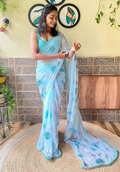 Blue Embellished Blended Saree Set