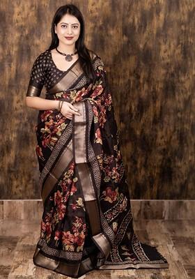 Brown Printed Blended Saree Set