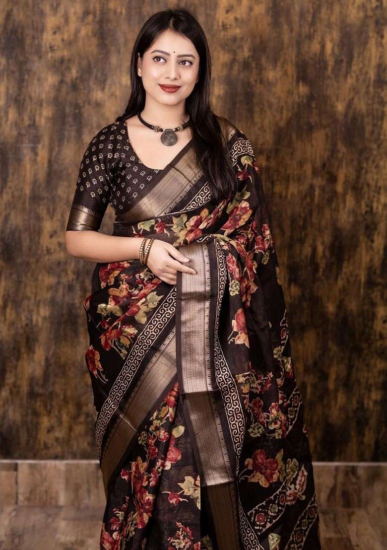 Brown Printed Blended Saree Set for Diwali and Festive Wear - Indya