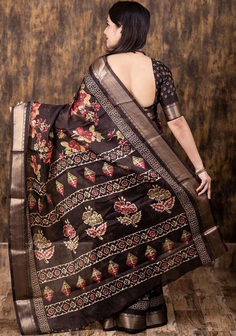 Brown Printed Blended Saree Set for Diwali and Festive Wear - Indya