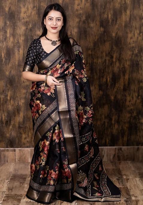 Black Printed Blended Saree Set