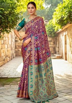 Purple Embroidered Blended Saree Set