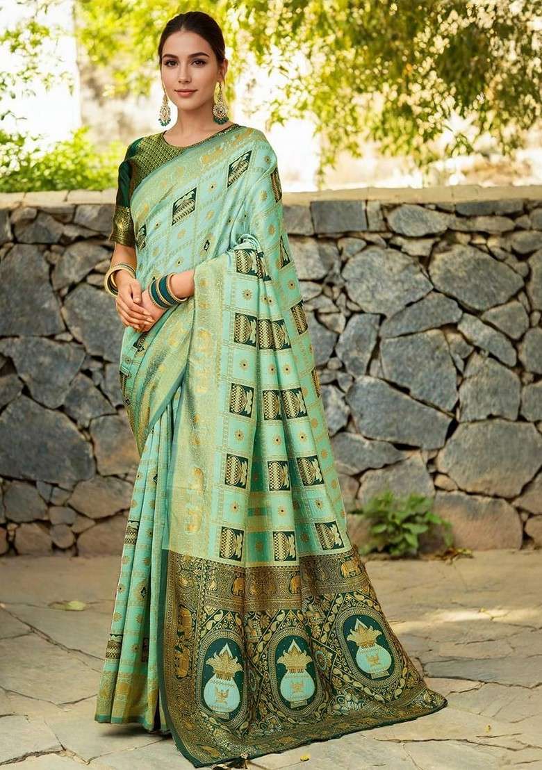 Sea Green Embroidered Blended Saree Set - Indya