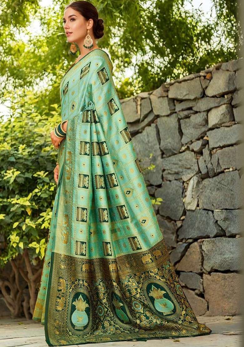 Sea Green Embroidered Blended Saree Set - Indya