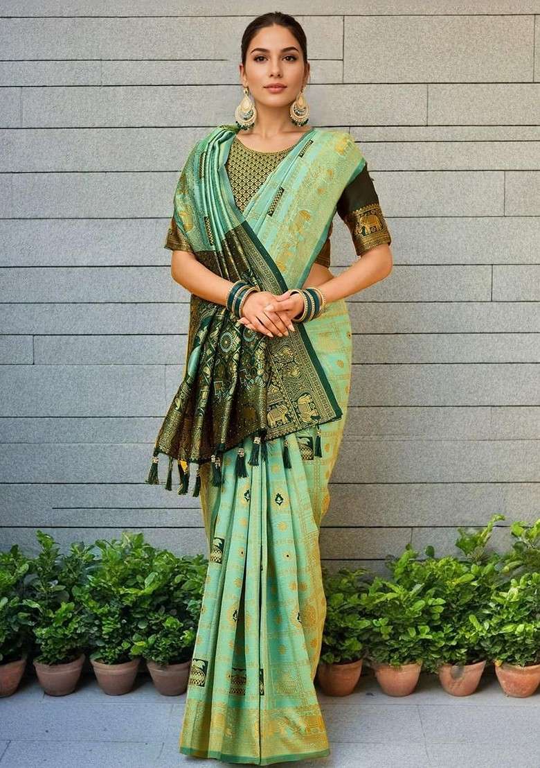 Sea Green Embroidered Blended Saree Set - Indya