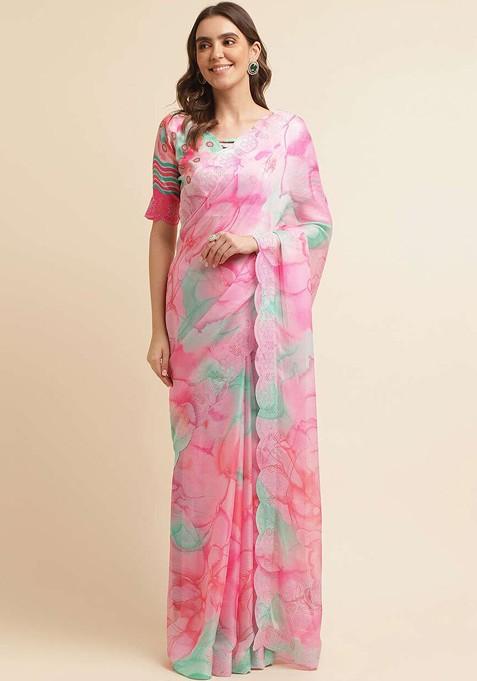 Pink Printed Blended Saree Set