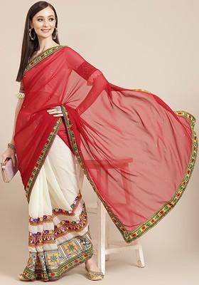 Off White Embroidered Blended Saree Set