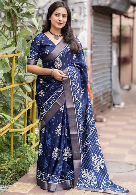 Blue Batik Printed Blended Saree Set