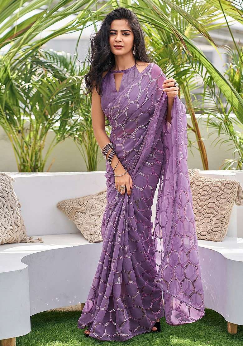 Purple Embellished Blended Saree Set for Diwali | Wedding & Festive Wear - Indya