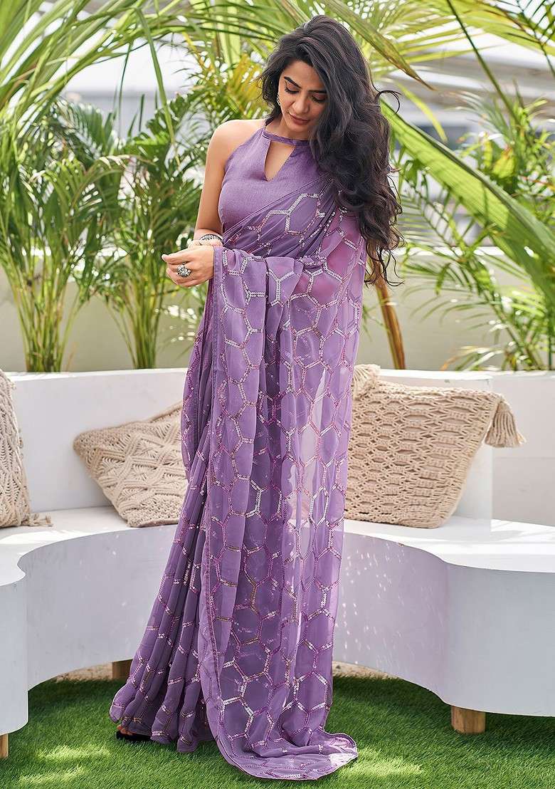 Purple Embellished Blended Saree Set for Diwali | Wedding & Festive Wear - Indya