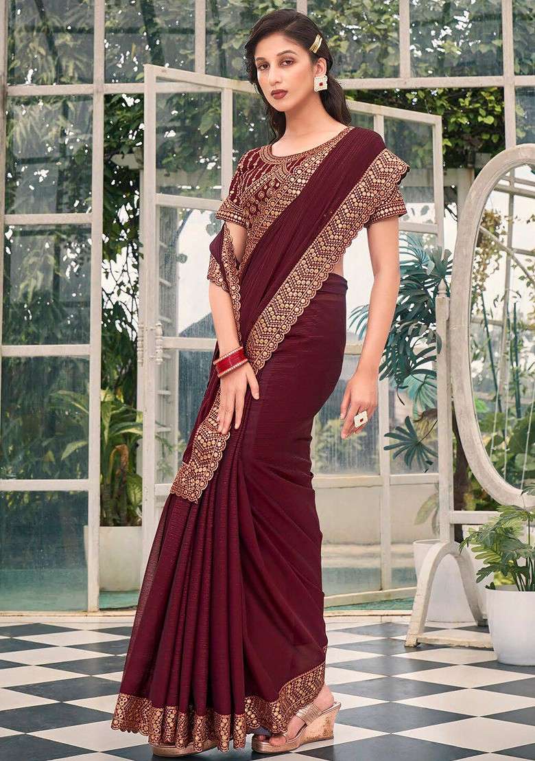 Brown Embellished Blended Saree Set - Indya