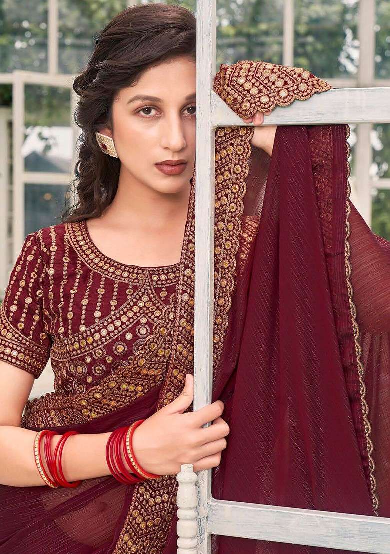 Brown Embellished Blended Saree Set - Indya