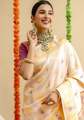 Off White Embroidered Blended Saree Set