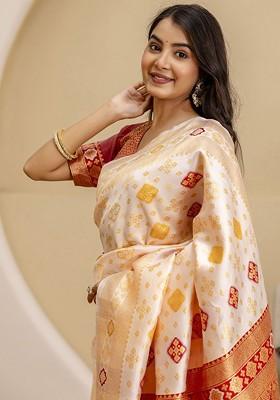 Off White Embroidered Blended Saree Set