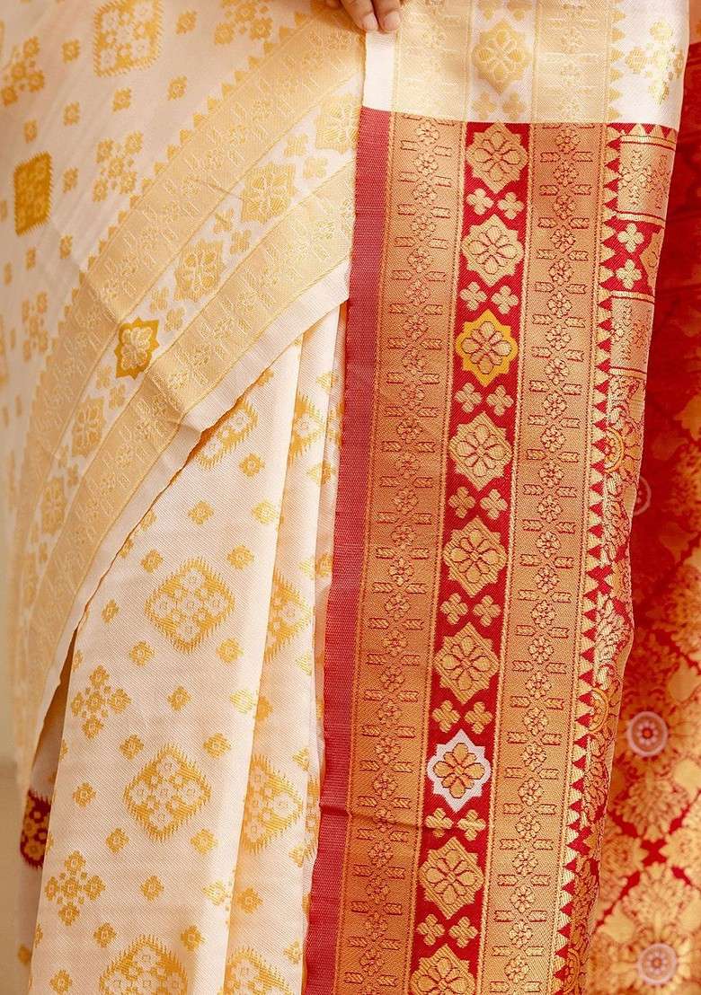 Off White Embroidered Blended Saree Set for Diwali and Festive Wear - Indya