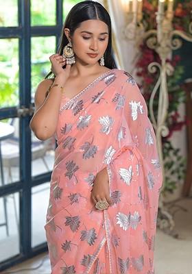 Peach Printed Blended Saree Set