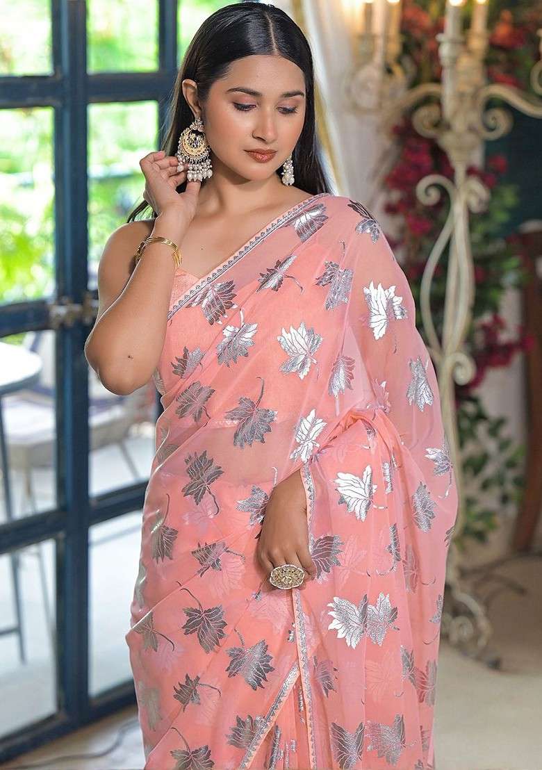 Peach Blended Saree Set with Printed for Diwali | Wedding & Festive Wear - Indya