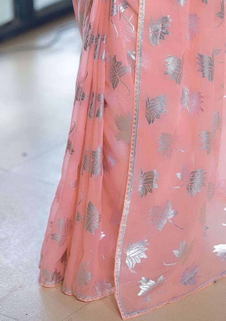 Peach Blended Saree Set with Printed for Diwali | Wedding & Festive Wear - Indya