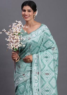 Sea Green Embroidered Blended Saree Set