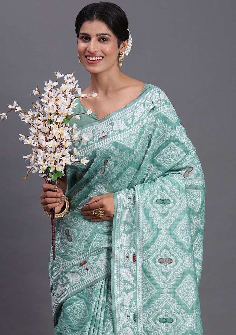 Sea Green Embroidered Blended Saree Set - Indya