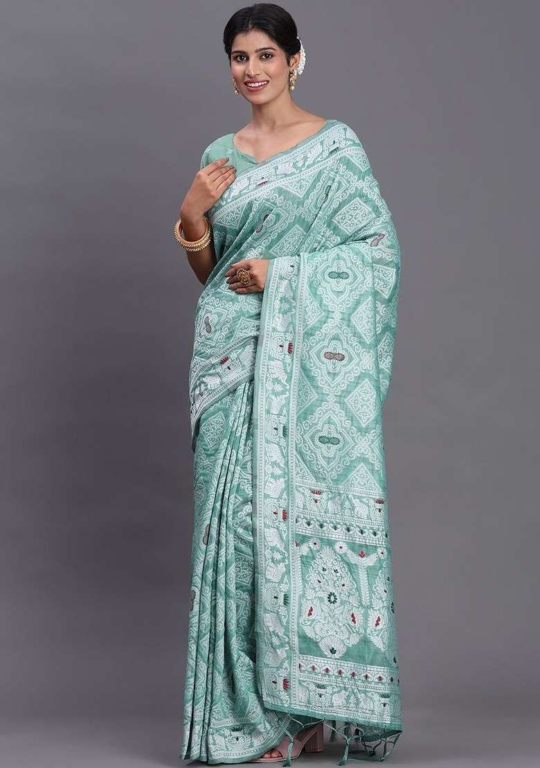 Sea Green Embroidered Blended Saree Set - Indya