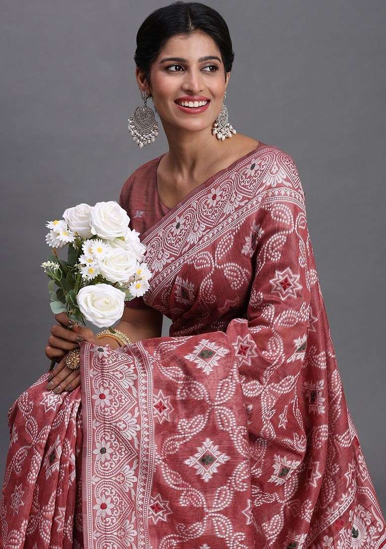 Red Embroidered Blended Saree Set - Indya