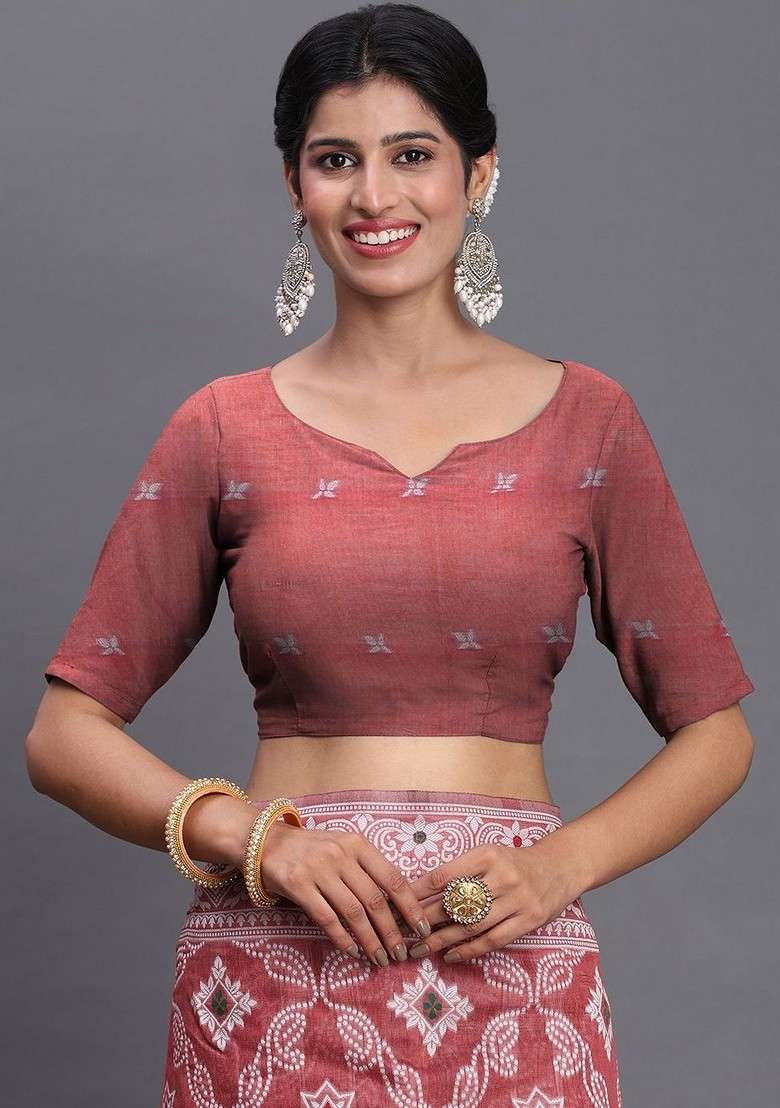Red Embroidered Blended Saree Set - Indya
