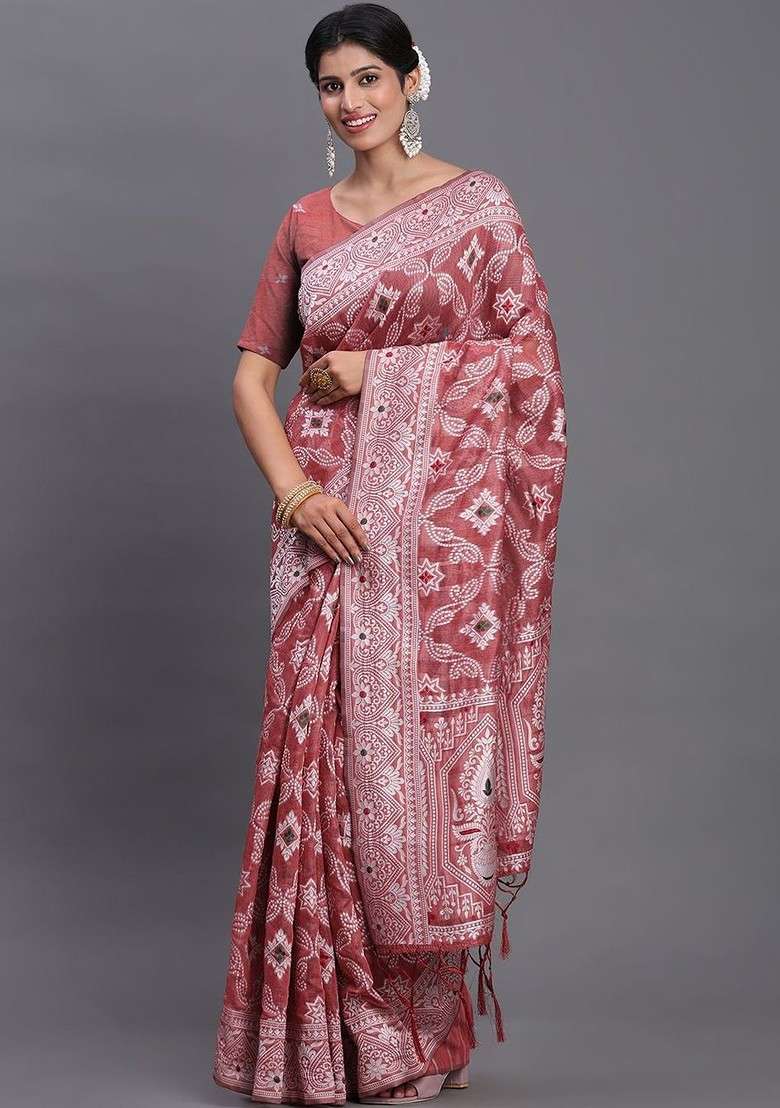Red Embroidered Blended Saree Set - Indya