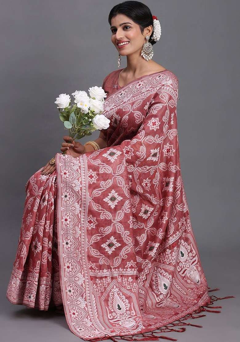 Red Embroidered Blended Saree Set - Indya
