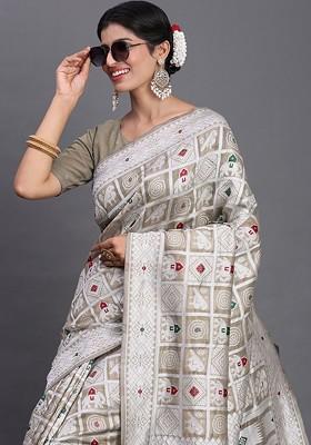 Off White Embroidered Blended Saree Set