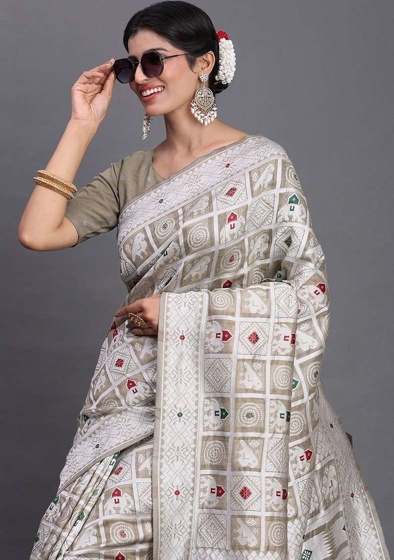 Off White Embroidered Blended Saree Set - Indya