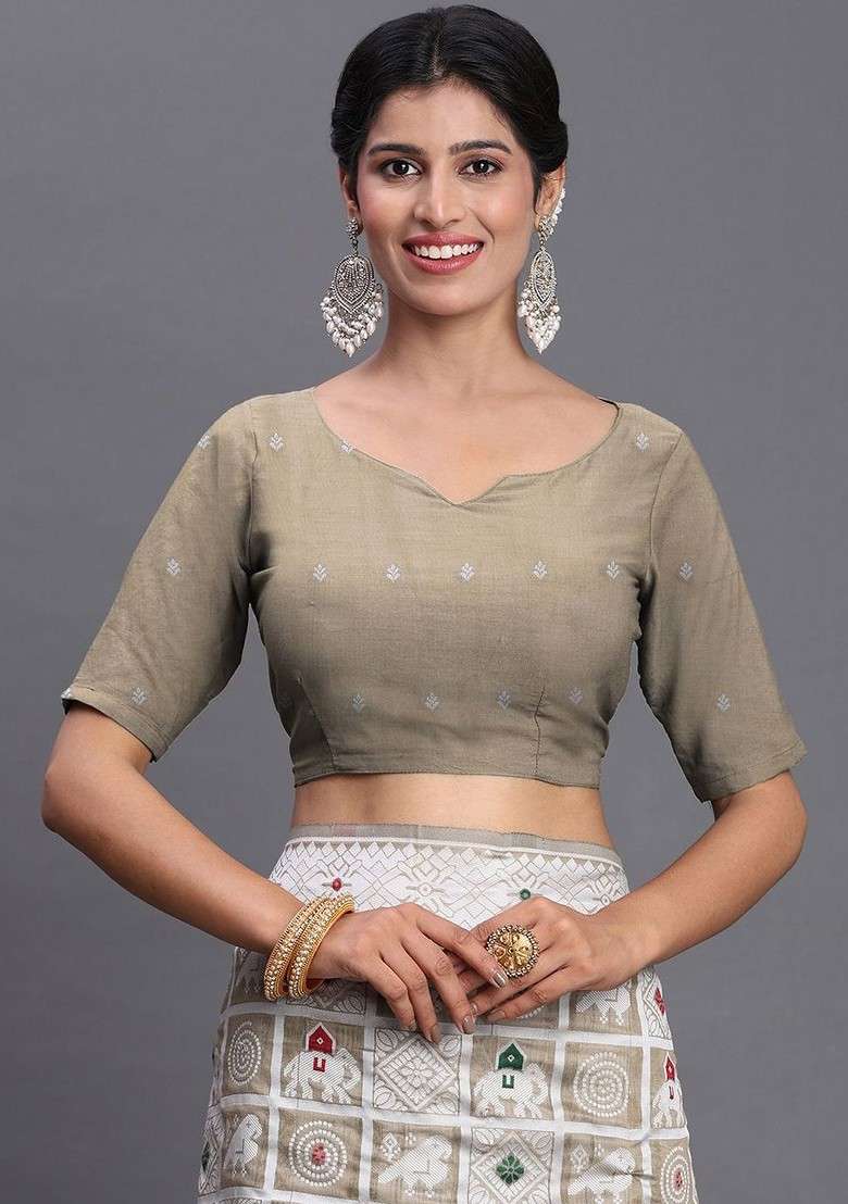 Off White Embroidered Blended Saree Set - Indya