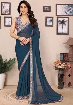 Teal Embroidered Blended Saree Set