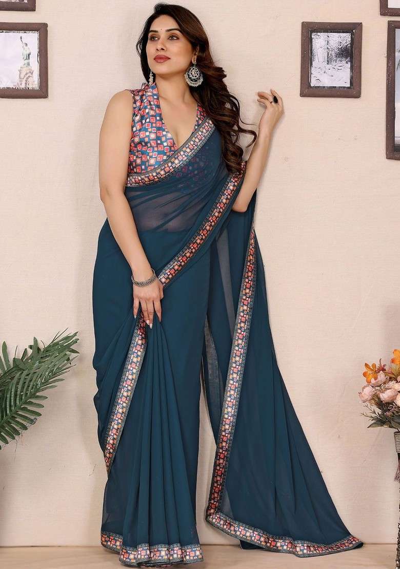 Teal Embroidered Blended Saree Set - Indya