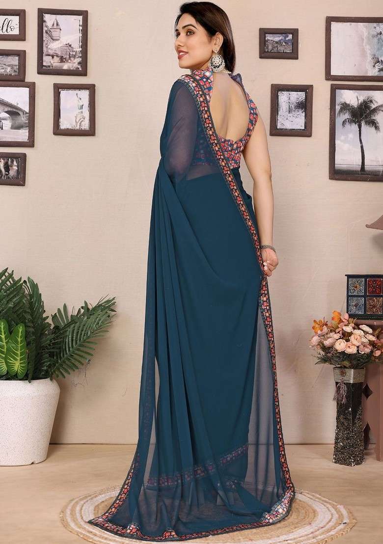 Teal Embroidered Blended Saree Set - Indya