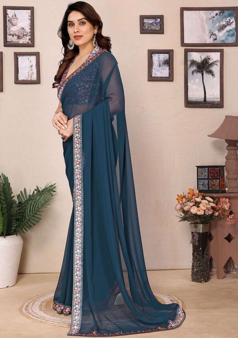 Teal Embroidered Blended Saree Set - Indya