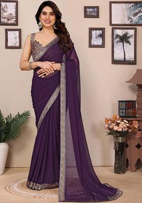 Purple Solid Blended Saree Set
