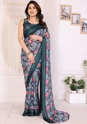 Teal Printed Blended Saree Set