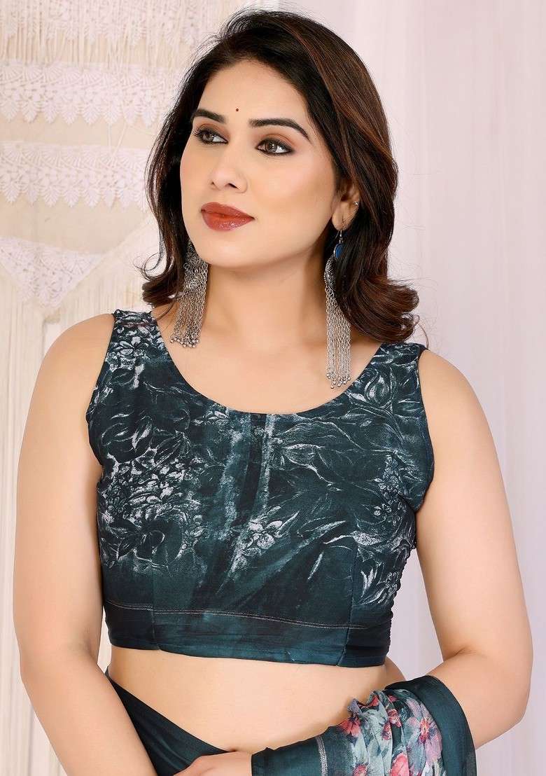 Teal Printed Blended Saree Set - Indya