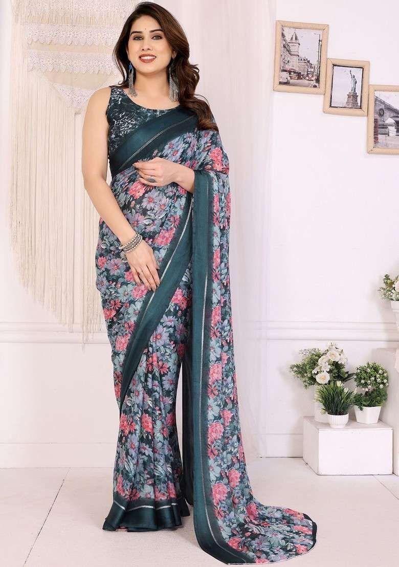 Teal Printed Blended Saree Set - Indya