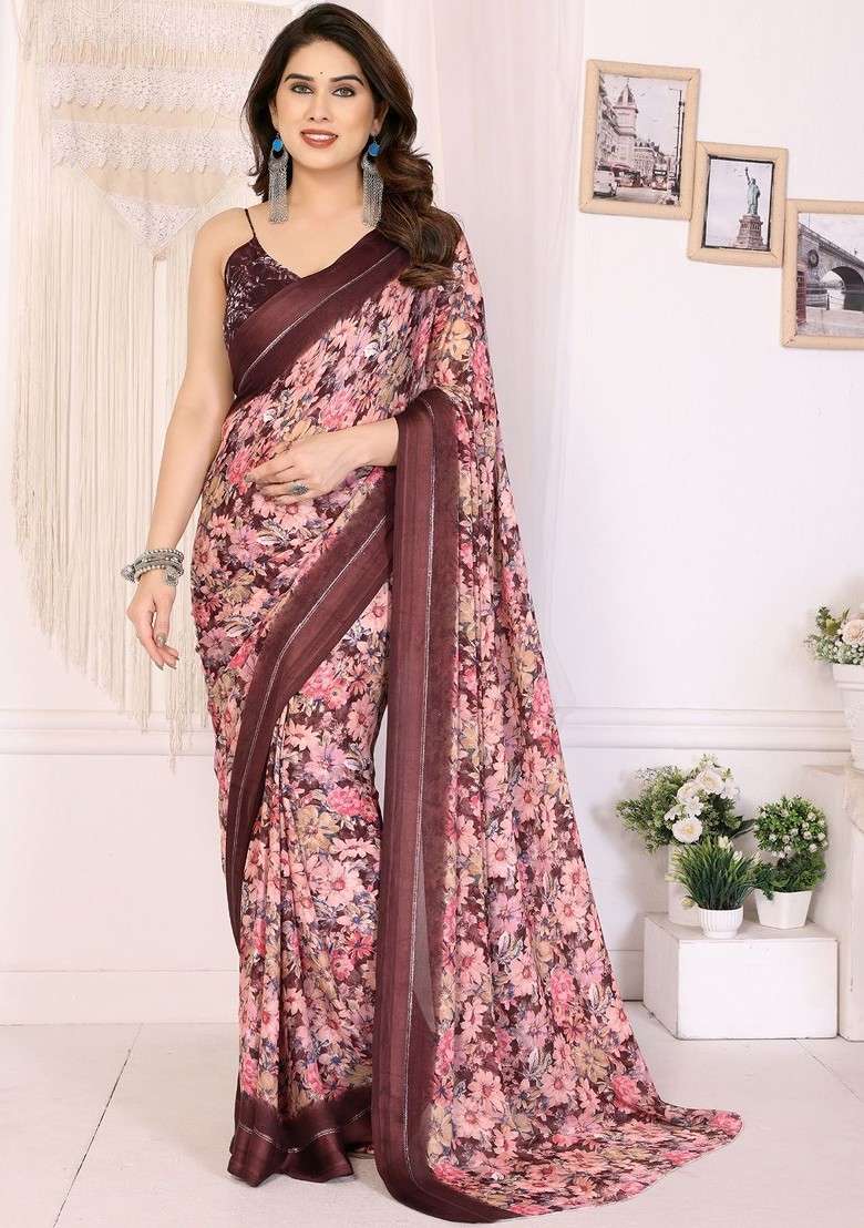 Brown Printed Blended Saree Set - Indya