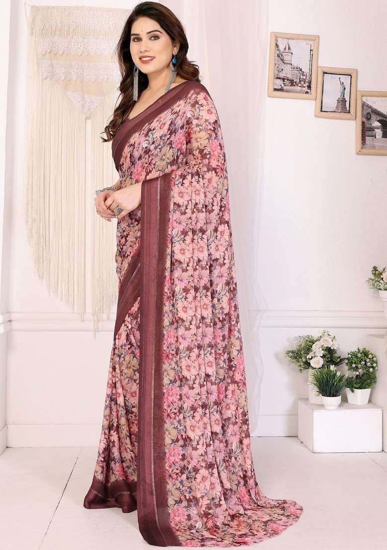 Brown Printed Blended Saree Set - Indya